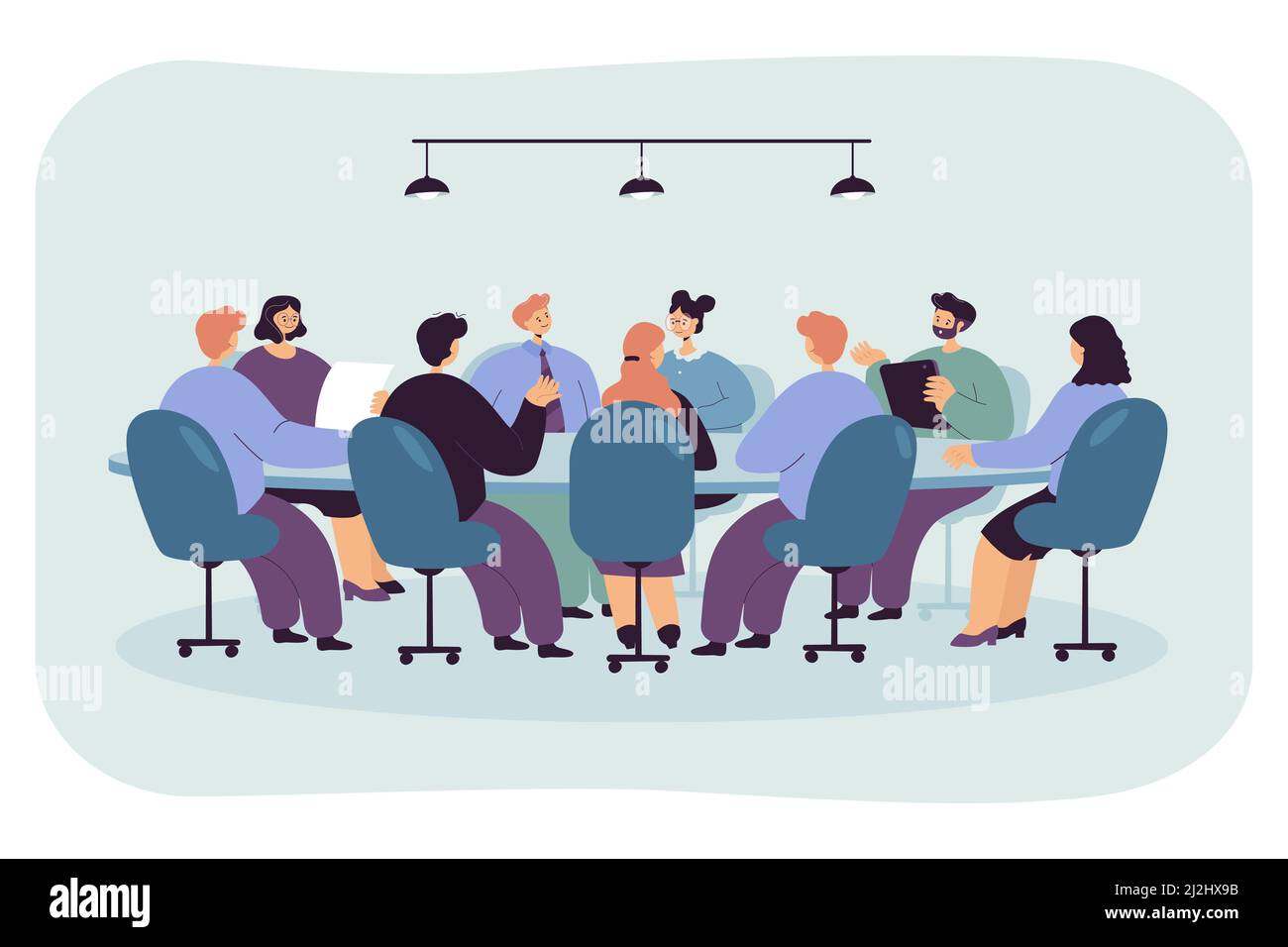 Homme politique assis à une table ronde dans la salle de réunion.Conseil d'administration avec le PDG tenant un discours formel dans la salle de bureau illustration vectorielle plate.Autorisation professionnelle Illustration de Vecteur