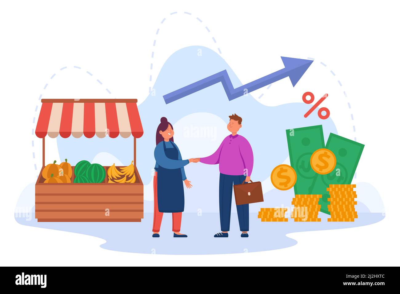 Propriétaire de petite entreprise qui se secoue la main avec le prêteur d'argent.Femme entrepreneur obtenant prêt sans collatéral employé de banque illustration de vecteur plat.Banque Illustration de Vecteur