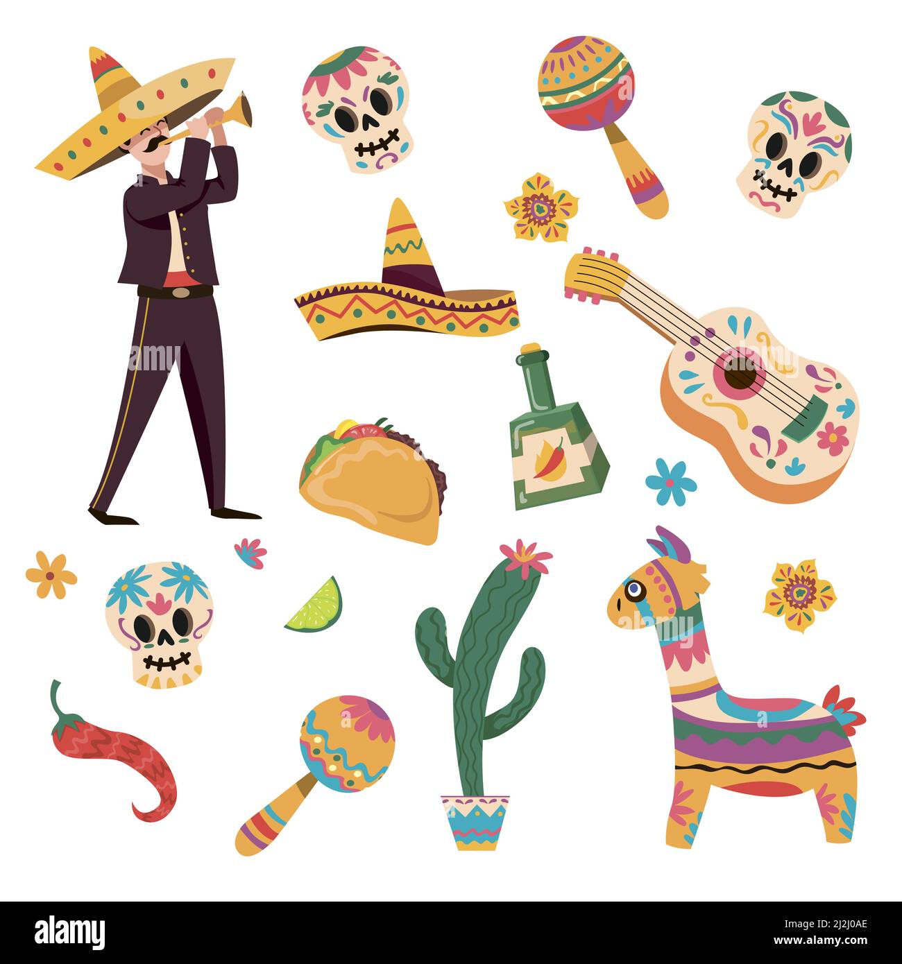Ensemble d'illustrations vectorielles de dessins animés de symboles mexicains traditionnels pour divers dessins.Taco, sombrero, cactus, guitare, maracas,lama, poivre, squelette st Illustration de Vecteur