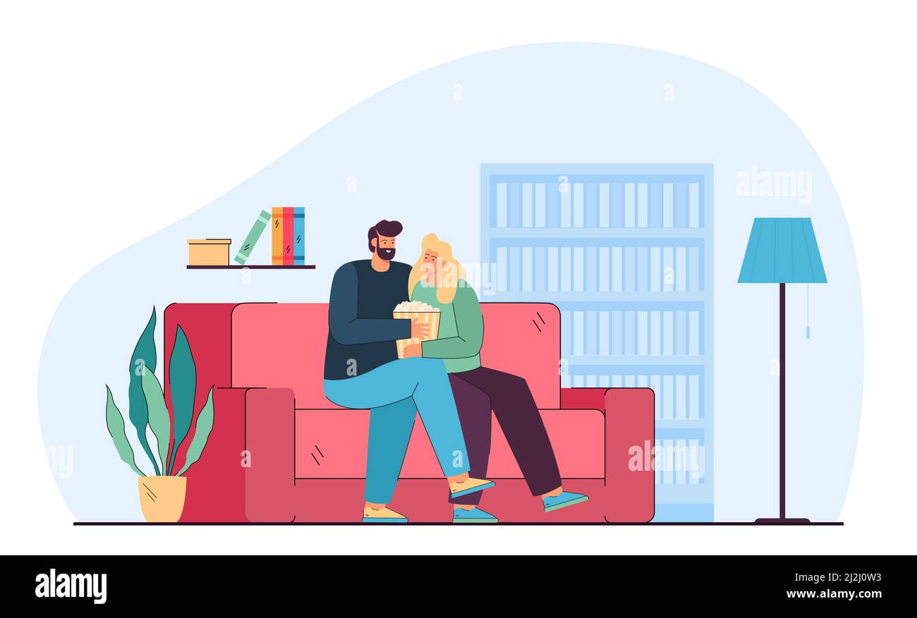 Couple regardant un film ou une série télé avec pop-corn sur un canapé confortable.Homme et femme assis sur un canapé dans la salle de séjour ensemble illustration vectorielle plate.Heureux f Illustration de Vecteur