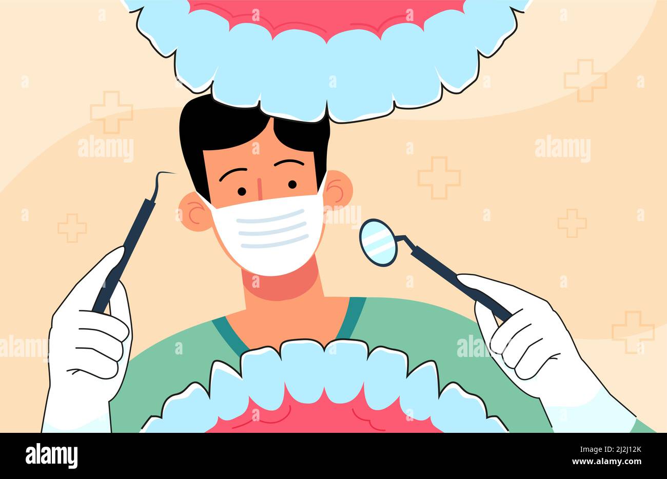 Un dentiste mignon portant un masque et tenant des instruments examinant les dents des mans.Illustration du vecteur plat de la vue intérieure des patients dentaires.Hygiène bucco-dentaire, Illustration de Vecteur