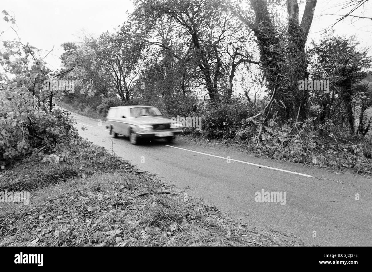 La grande tempête octobre 1987. Nos photos . . . Tempête, Streatley, Berkshire, Angleterre, 16th octobre 1987. La grande tempête de 1987 a eu lieu dans la nuit des 15th et 16th octobre 1987. Un système météorologique exceptionnellement fort a causé des vents qui ont frappé une grande partie du sud de l'Angleterre et du nord de la France. C'était la pire tempête à avoir frappé l'Angleterre depuis la Grande tempête de 1703. Les dégâts ont été estimés à 7,3 milliards de livres au Royaume-Uni et à 23 milliards de francs en France. Banque D'Images