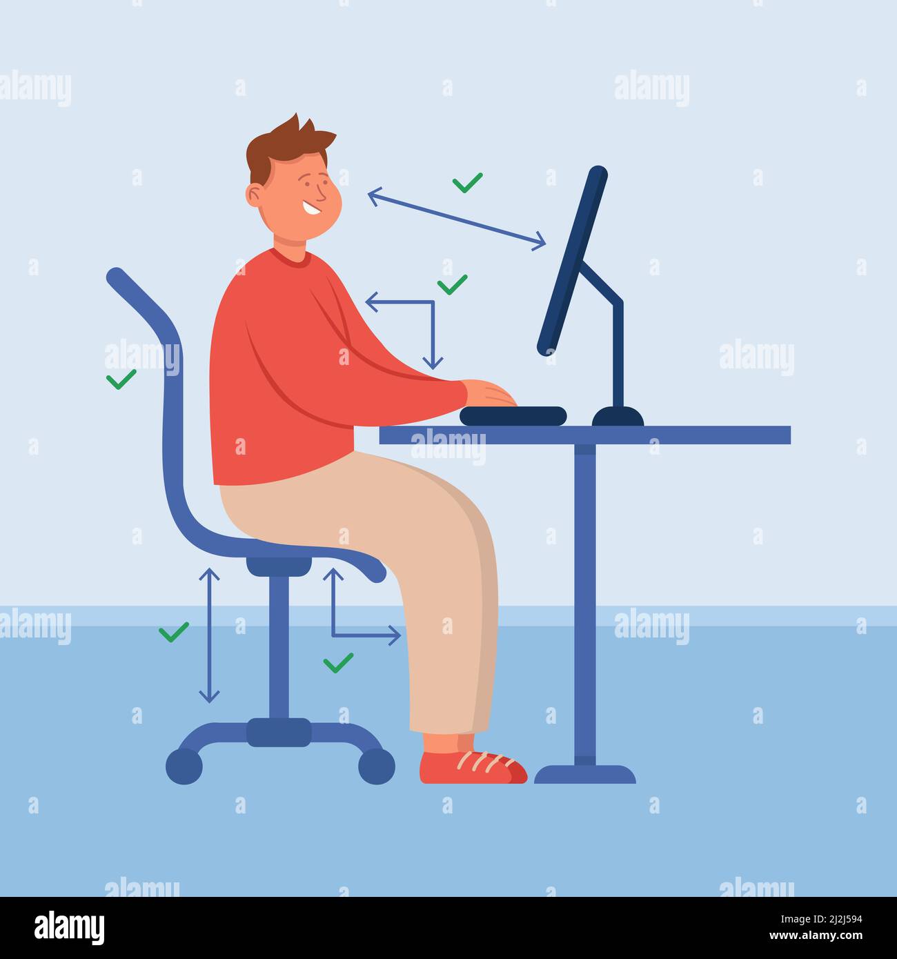 Personne de bureau avec la bonne posture assise au bureau d'ordinateur.  Position correcte et distance entre l'écran et le personnage avec un dos  sain au travail plat v Image Vectorielle Stock -