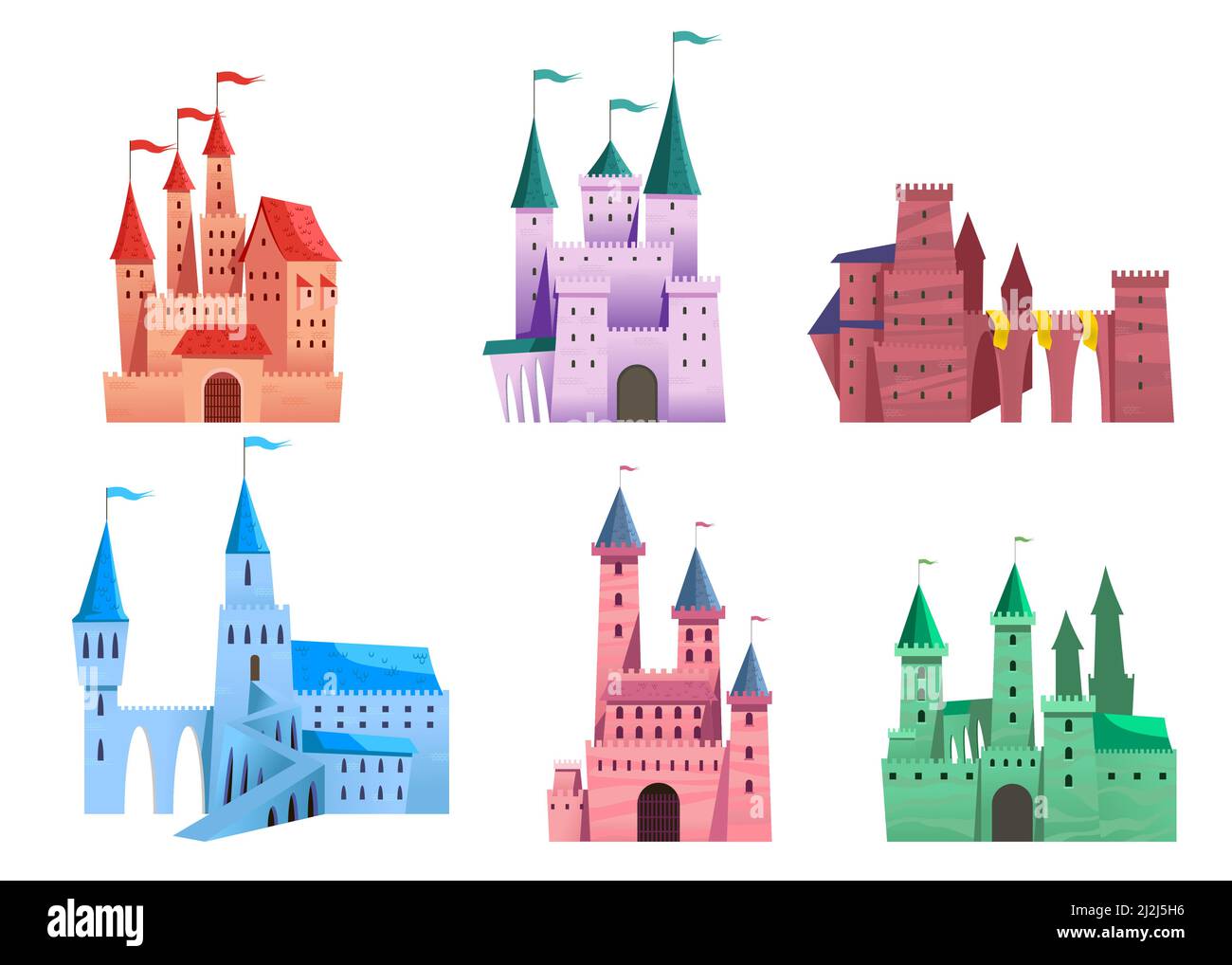 Ensemble château médiéval de conte de fées.Illustrations vectorielles de forteresses anciennes, palais de fantaisie colorés avec de vieilles tours, murs en pierre et porte isol Illustration de Vecteur