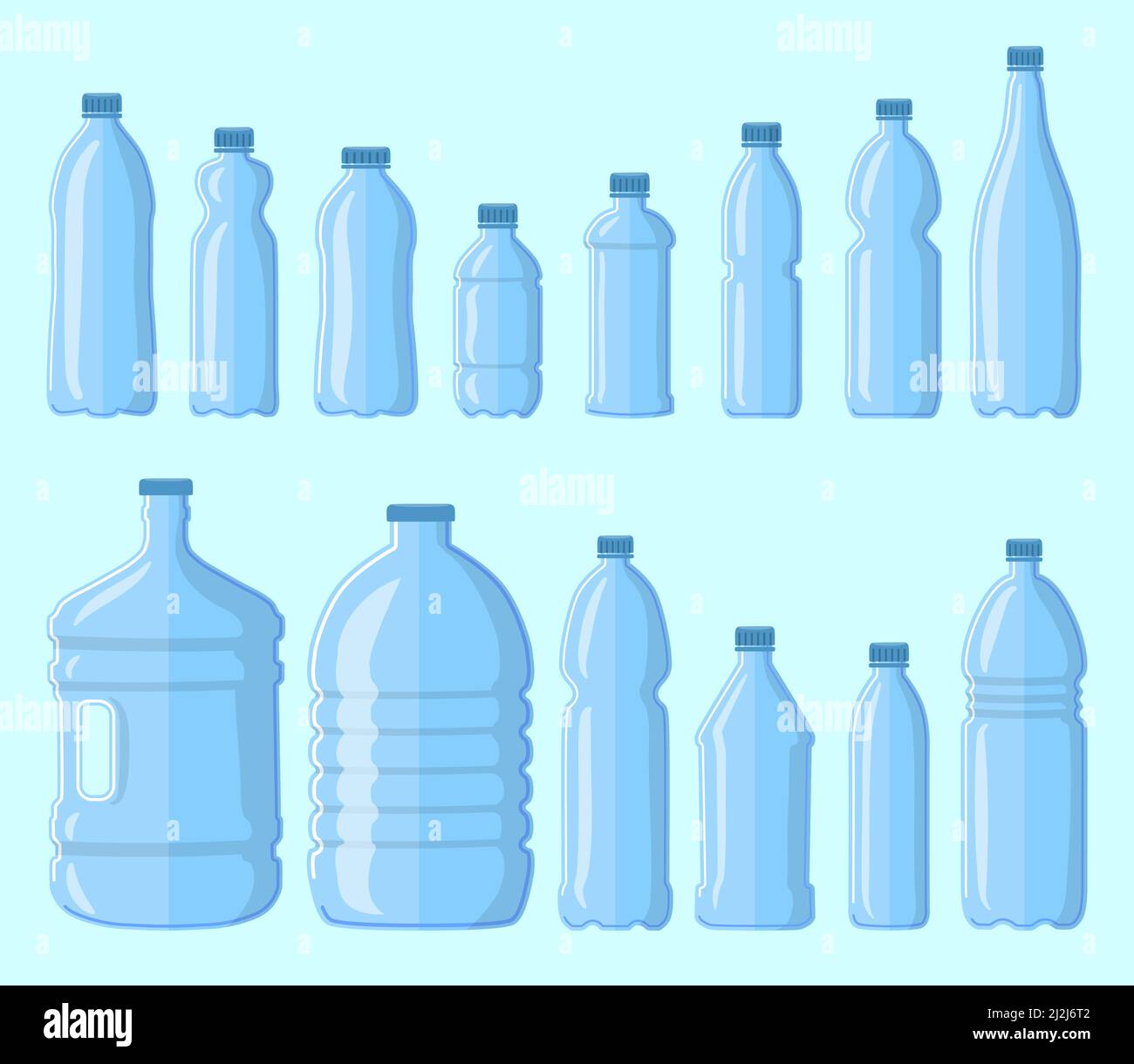 Jeu de bouteilles en plastique pour l'eau.Illustration vectorielle de dessin animé.Collection de flacons de différentes tailles et formes isolés sur fond bleu.Consommation Illustration de Vecteur