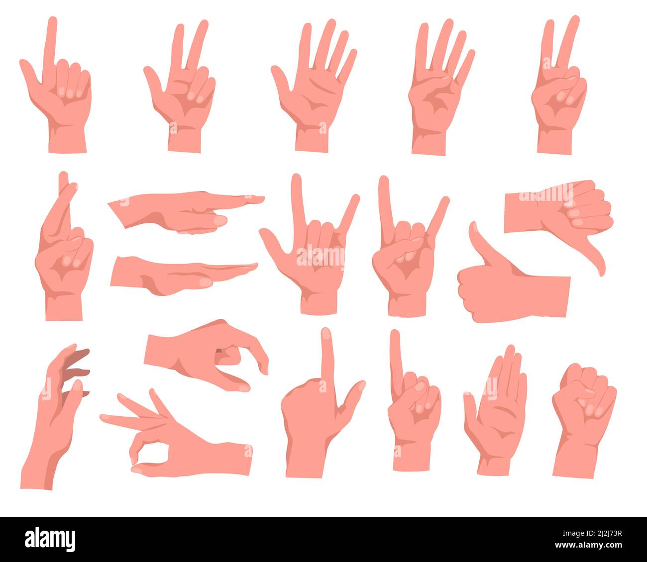 Ensemble de gestes de la main illustration vectorielle de dessin animé.Paume humaine avec les doigts dans différentes positions, montrant les nombres, la direction, les symboles et les signes.Pose, Illustration de Vecteur