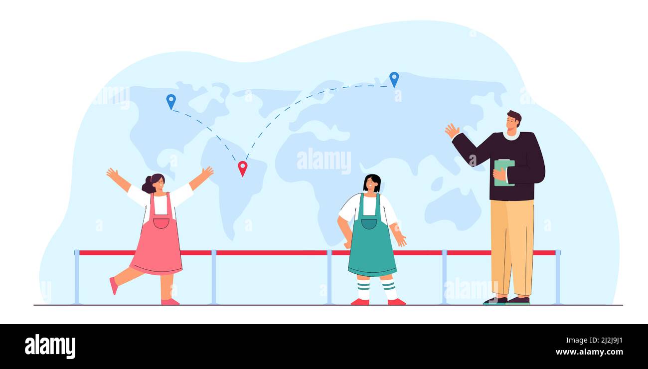 Une jeune fille de dessin animé rencontre un ami de différents pays.Carte du monde avec l'illustration vectorielle plate des broches de localisation.Voyages, communication internationale Illustration de Vecteur