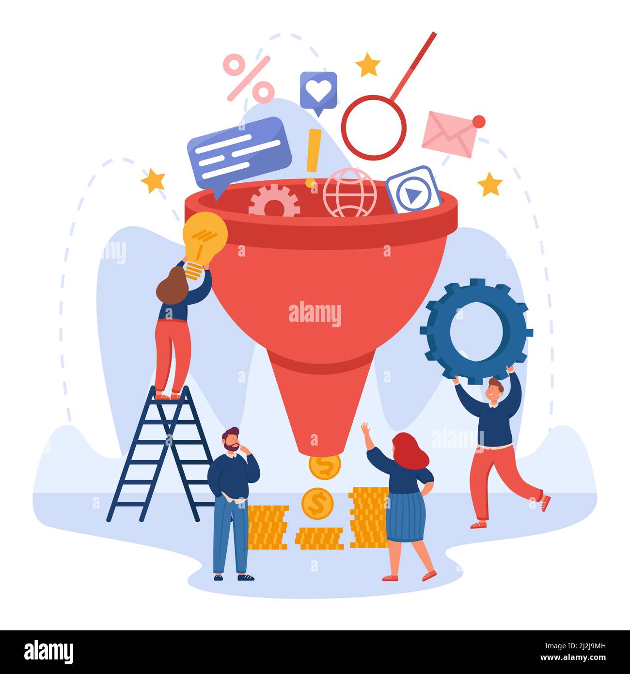 Analystes analysant le marché, les ventes, les médias sociaux, la génération de prospects.Dessin animé marketing entonnoir plat vecteur illustration.Cycle de marketing produit, advertisi Illustration de Vecteur
