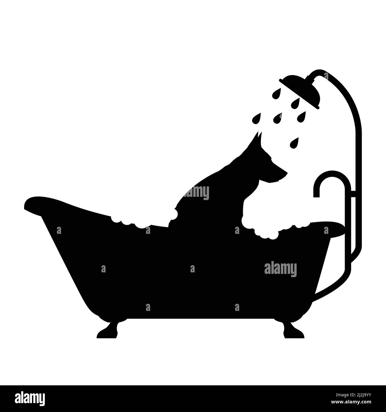Chien dans la baignoire prenant une douche, animal prend un bain, emblème de salon de toilettage, lavage pour chiens, vecteur Illustration de Vecteur