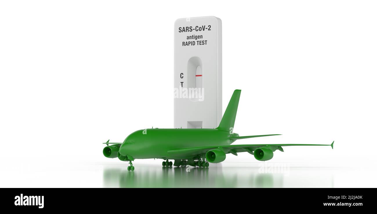 Kit d'auto-test PCR du coronavirus concept: Green Airplane et Covid-19 SARS-COV-2 Antigen résultat du test rapide en 3D rendu. Autorisation de voyager Banque D'Images Kit d'auto-test PCR du coronavirus concept: Green Airplane et Covid-19 SARS-COV-2 Antigen résultat du test rapide en 3D rendu. Autorisation de voyager Banque D'Images