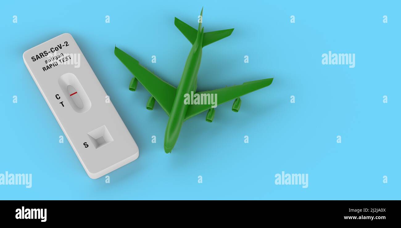 Kit d'auto-test Covid-19 PCR concept: 3D rendu vert avion et négatif coronavirus SRAS-COV-2 Antigen résultat du test rapide. Banque D'Images