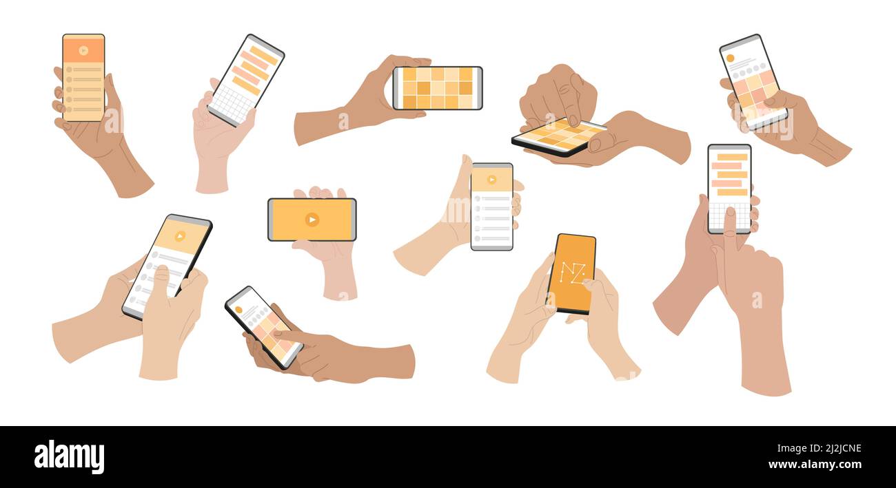 Mains de personnes utilisant des applications mobiles dans un smartphone. Illustrations vectorielles de personnes montrant des actions avec des téléphones. Doigt de dessin animé faisant glisser, pointant, se Illustration de Vecteur