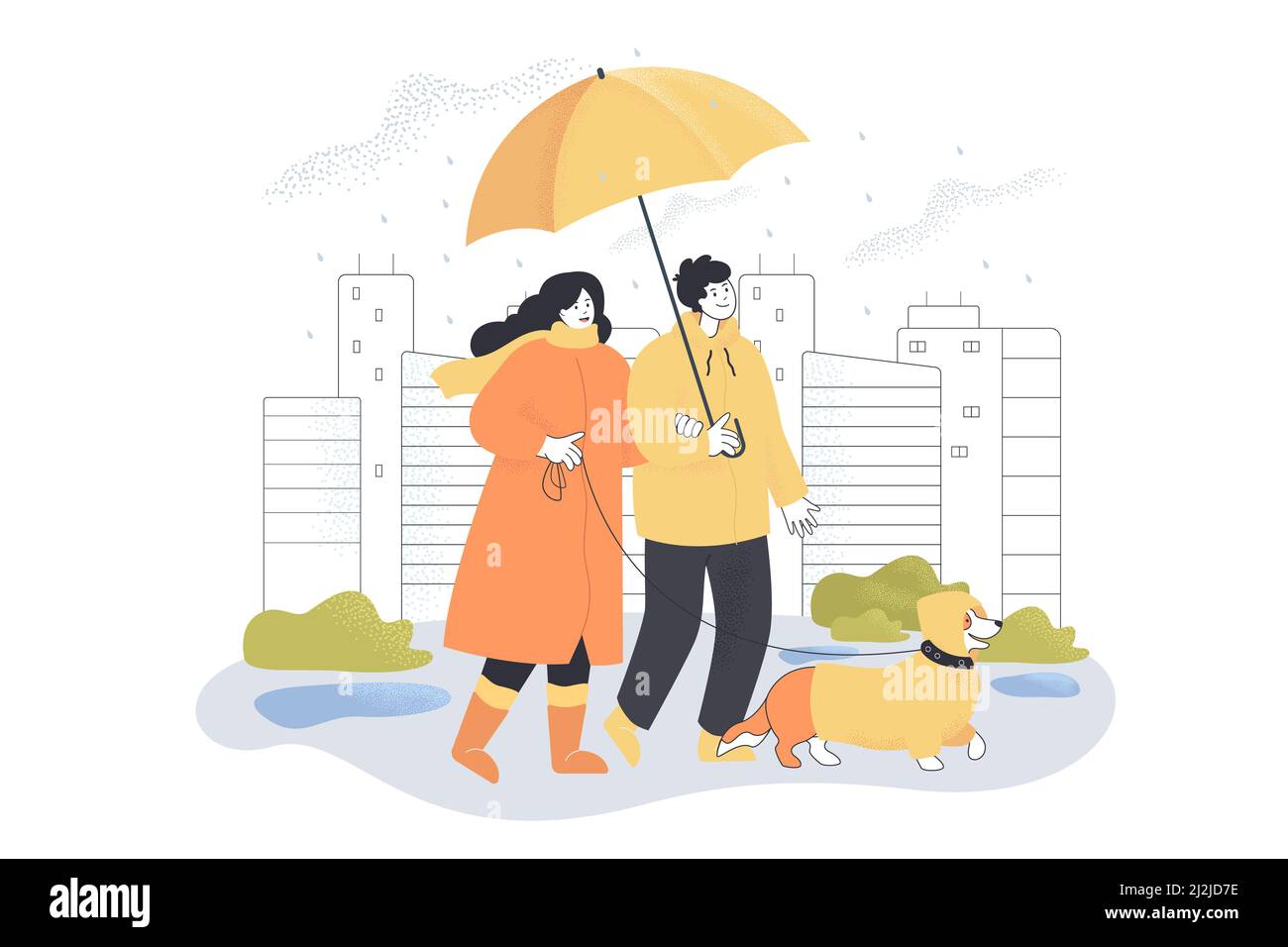 Mari et femme marchant chien dans le déversant. Jour nuageux, personnes dans le parc avec le chiot pendant la pluie, bâtiments de la ville en arrière-plan vecteur illustrateur plat Illustration de Vecteur