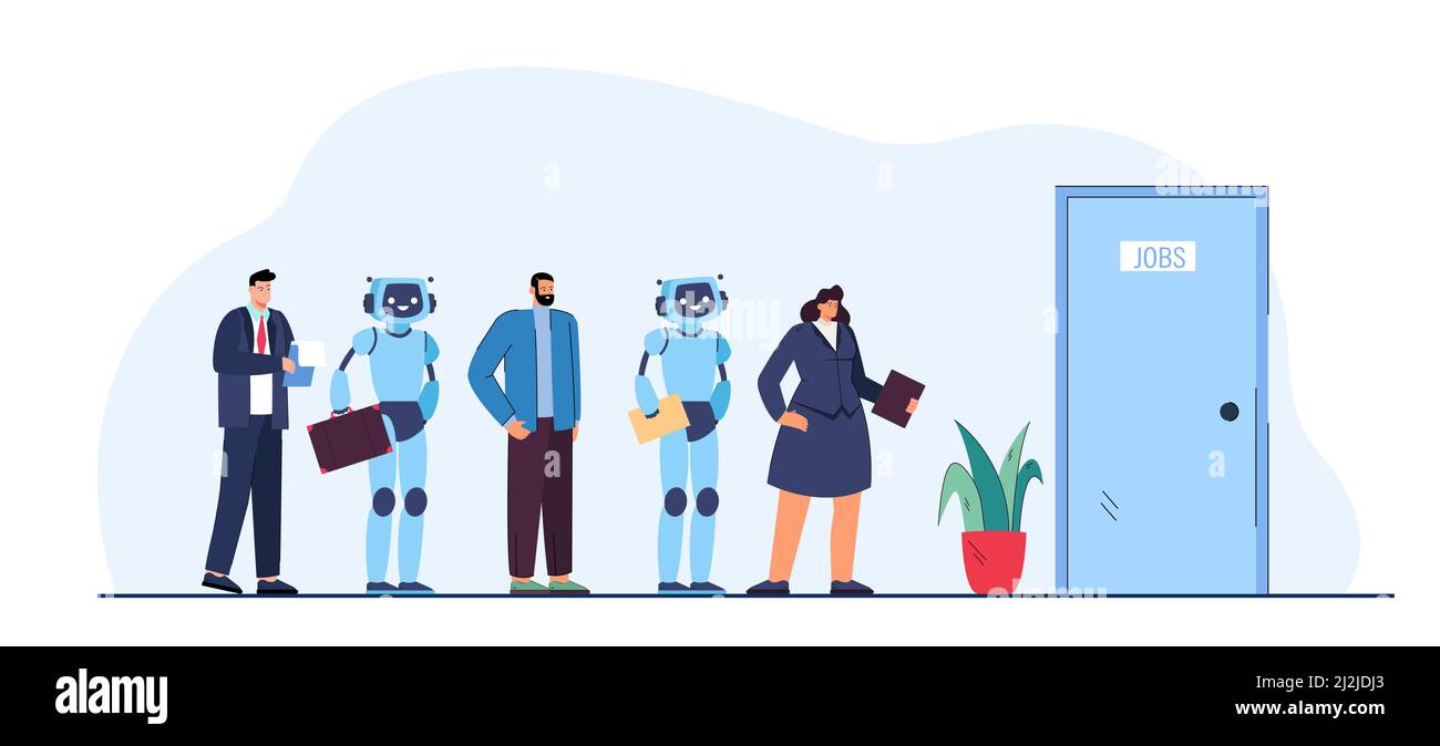 Les gens et les robots obtiennent l'illustration de vecteur plat de travail. Robots et gens d'affaires debout dans la ligne pour être interviewé pour le travail à l'âge de la technologie an Illustration de Vecteur