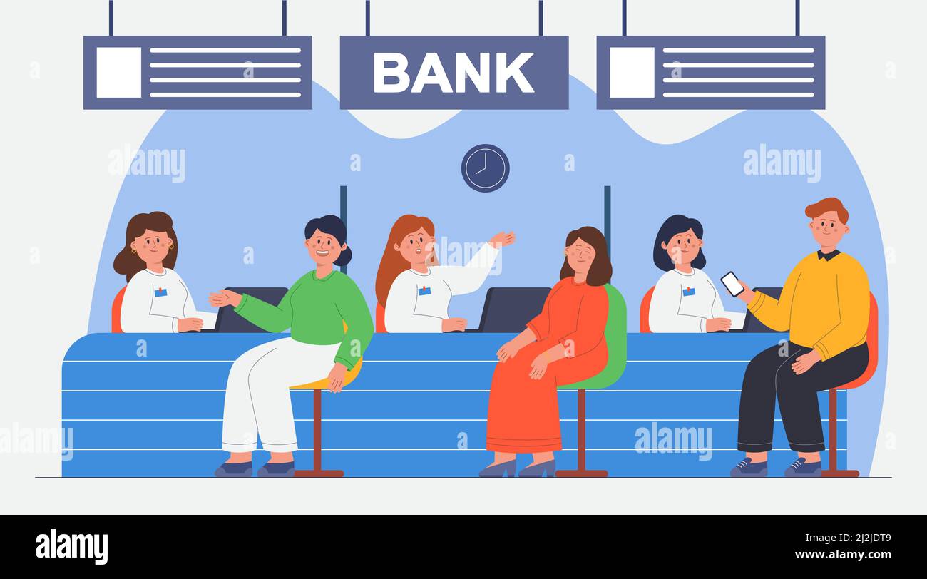 Les personnes qui parlent avec les gestionnaires dans l'illustration de vecteur plat de banque. Les clients assis et conseillant au sujet de prendre le prêt, l'ouverture de dépôt ou la demande de plus Illustration de Vecteur Les personnes qui parlent avec les gestionnaires dans l'illustration de vecteur plat de banque. Les clients assis et conseillant au sujet de prendre le prêt, l'ouverture de dépôt ou la demande de plus Illustration de Vecteur