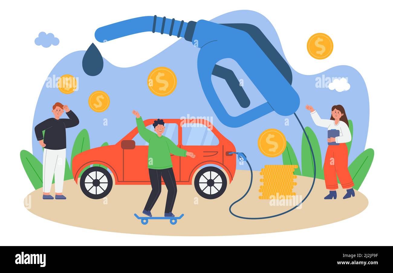 Homme contrarié remplissant le réservoir de la voiture avec de l'essence ou du biodiesel. Une personne heureuse économisant de l'argent en faisant du skateboard une illustration vectorielle plate. Finances, économie, Illustration de Vecteur