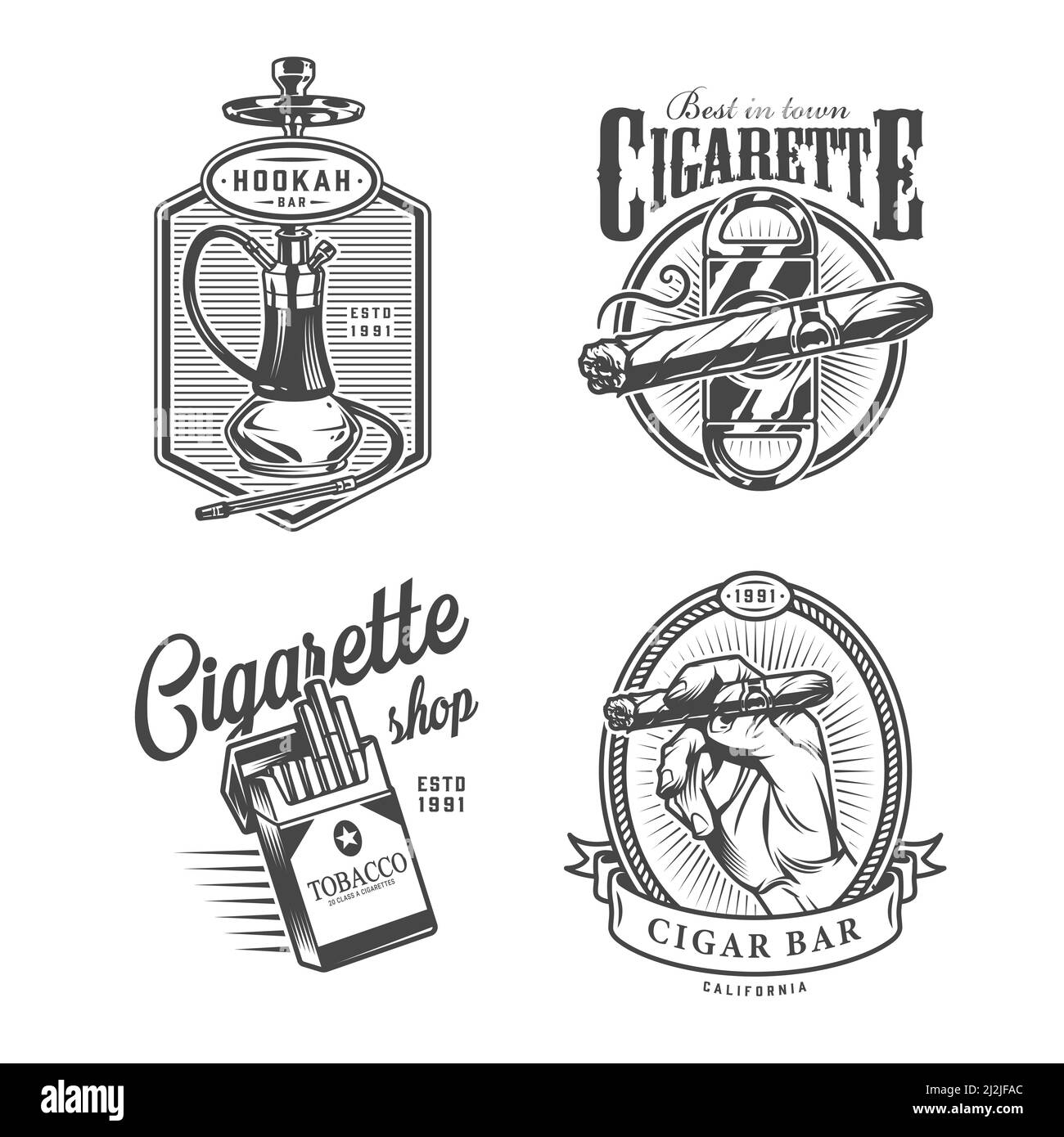 Étiquettes de bar-salon monochromes vintage avec boîte de guillotine de cigare de narguah illustration vectorielle isolée de cigarettes Illustration de Vecteur