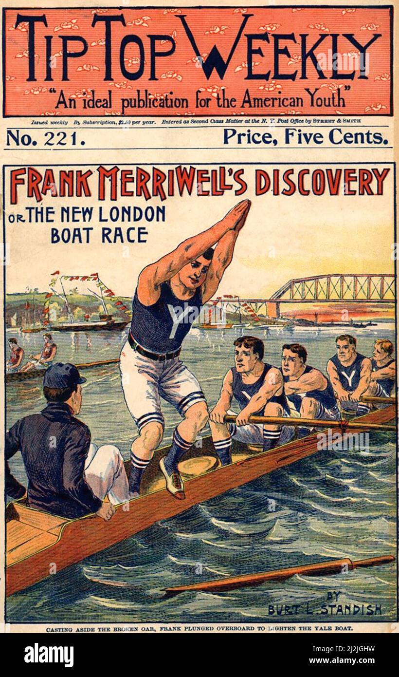 En écartant son oar cassé, Frank plongea à la mer pour éclairer le bateau de Yale - lithographie colorée - illustration de couverture pour Tip Top Weekly - vers 1900 Banque D'Images