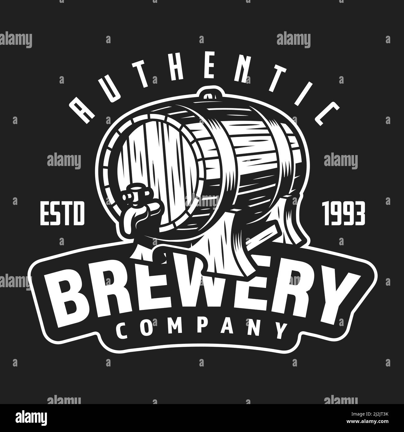 Ancienne brasserie logo blanc avec baril de bois de bière et inscriptions sur fond sombre illustration de vecteur isolé Illustration de Vecteur