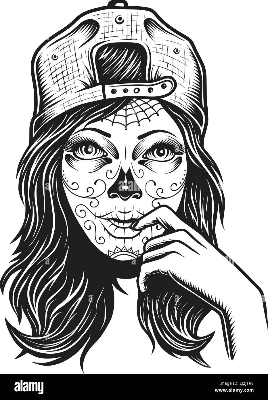 Vintage Dead girl concept avec des cheveux et un chapeau de tatouage longs illustration vectorielle isolée de style monochrome Illustration de Vecteur