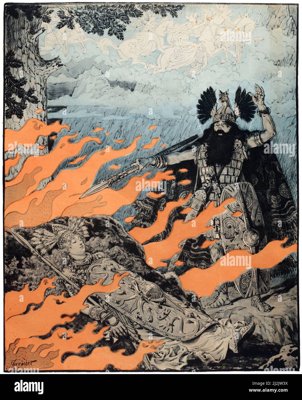 Affiche Art par Eugene Grasset. Art nouveau - Jugend - Belle Epoque. Affiche ancienne. Affiche voor Die Walkure van Richard Wagner (1893). Banque D'Images