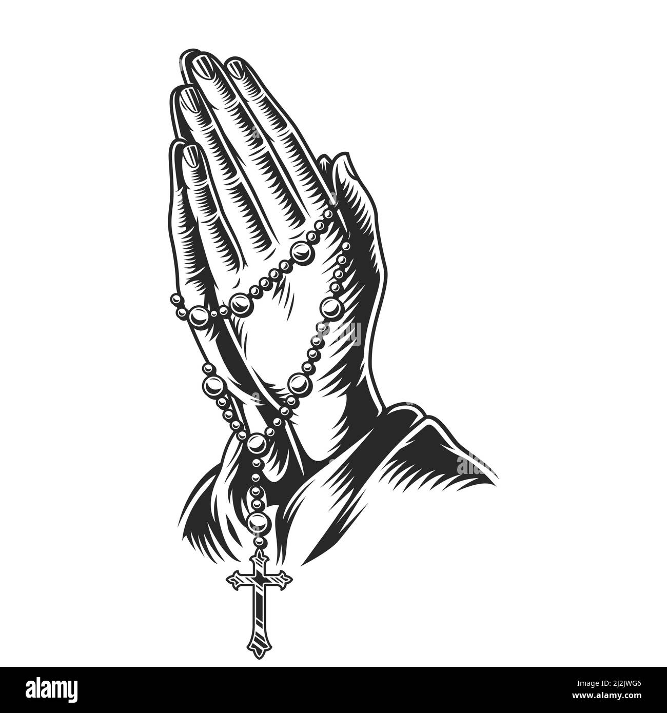 Mains de prière tenant des perles rosaires dans le style monochrome vintage isolé illustration vectorielle Illustration de Vecteur