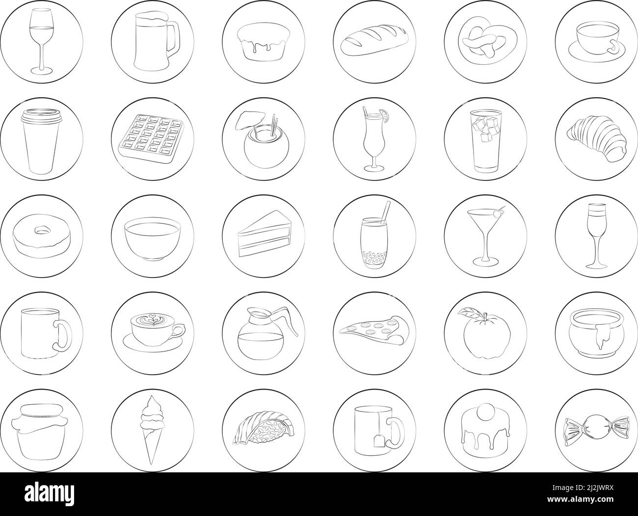 Illustration vectorielle de la collection d'icônes noir et blanc à motif de contour pour aliments et boissons Illustration de Vecteur