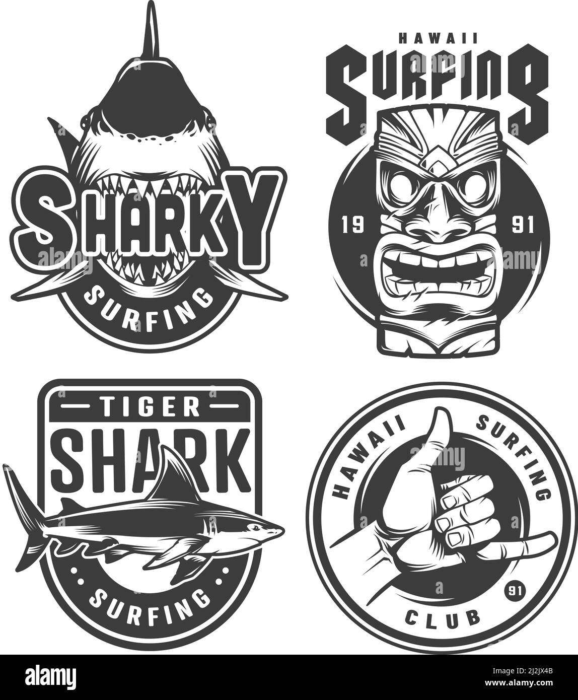 Vintage surf monochrome emblèmes avec requins hawaïen tiki masque et illustration vectorielle isolée du signe de la main shaka surfer Illustration de Vecteur