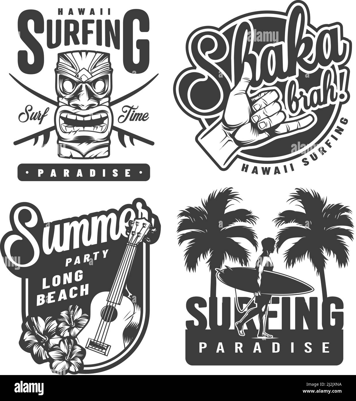Emblèmes de surf vintage monochrome avec masque tiki hawaïen main Shaka signe ukulele hibiscus fleurs palmiers surfeur tenant le vecteur isolé de planche de surf malade Illustration de Vecteur