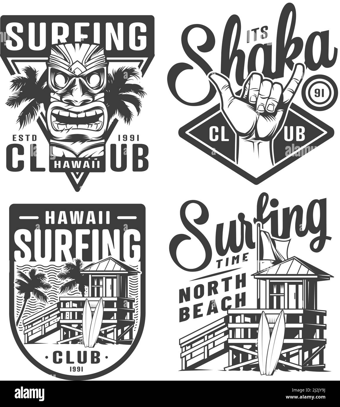 Logos vintage de surf avec masque tribal tiki main de shaka enseigne maison de surfeur sur la plage tropicale dans le style monochrome isolé illustration vectorielle Illustration de Vecteur