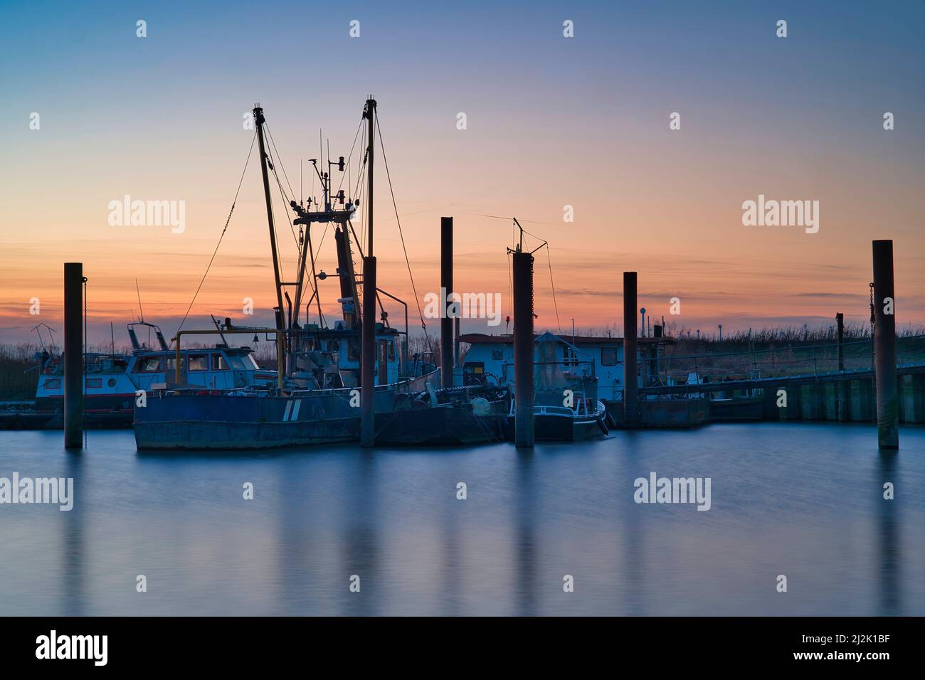 Bateaux de pêche amarrés dans le port, Petkum, Frise orientale, Basse-Saxe, Allemagne Banque D'Images