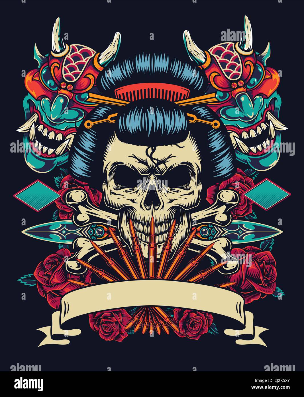 Modèle coloré style tatouage japonais vintage avec geisha ruban vierge crâne poignards diable masques roses et crossbone illustration vectorielle isolée Illustration de Vecteur