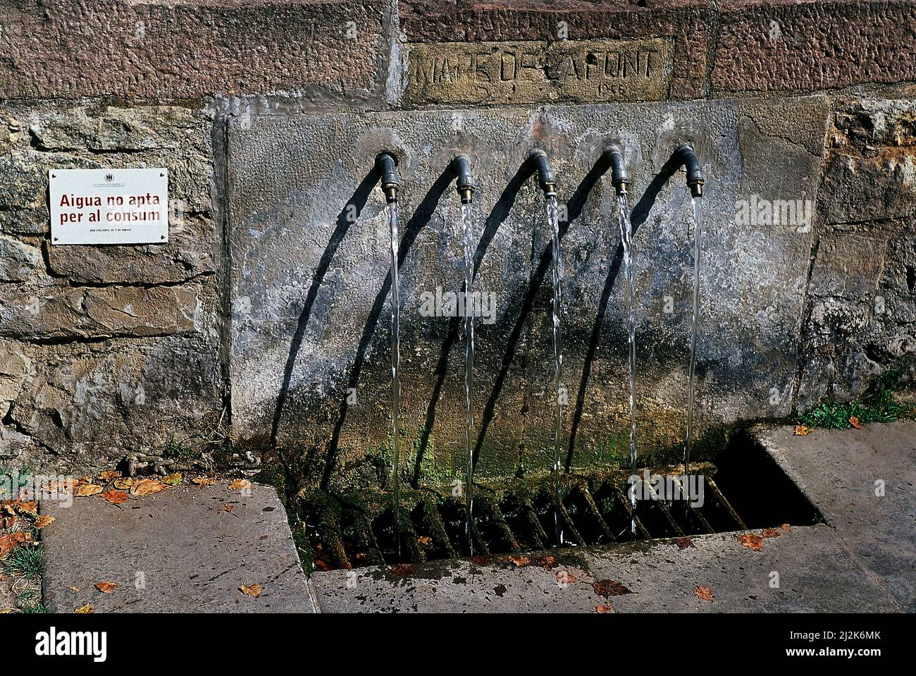 FUENTE DE AGUA NO PODABING EN EL PUENTE MÉDIÉVAL - MARE DE LA FONT - 1956. Emplacement : EXTÉRIEUR. SAN JUAN DE LAS ABADESAS. GERONA. ESPAGNE. Banque D'Images