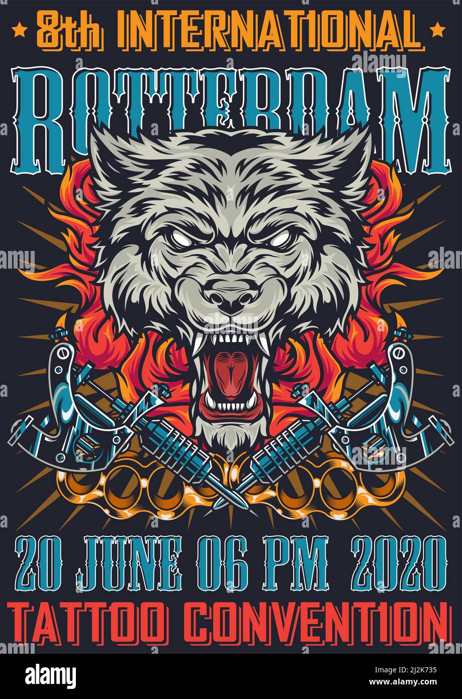 convention de tatouage à Rotterdam affiche ancienne avec inscriptions loup féroce tête dans le feu cuivres porte-fusées croix tatouage machines rayons vecteur illustration Illustration de Vecteur