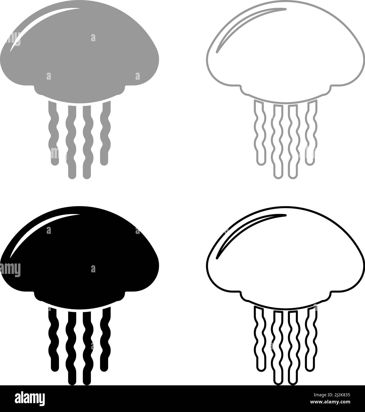 Icône de l'ensemble de méduses gris noir couleur vecteur illustration image remplissage simple ligne de contour fin style plat Illustration de Vecteur
