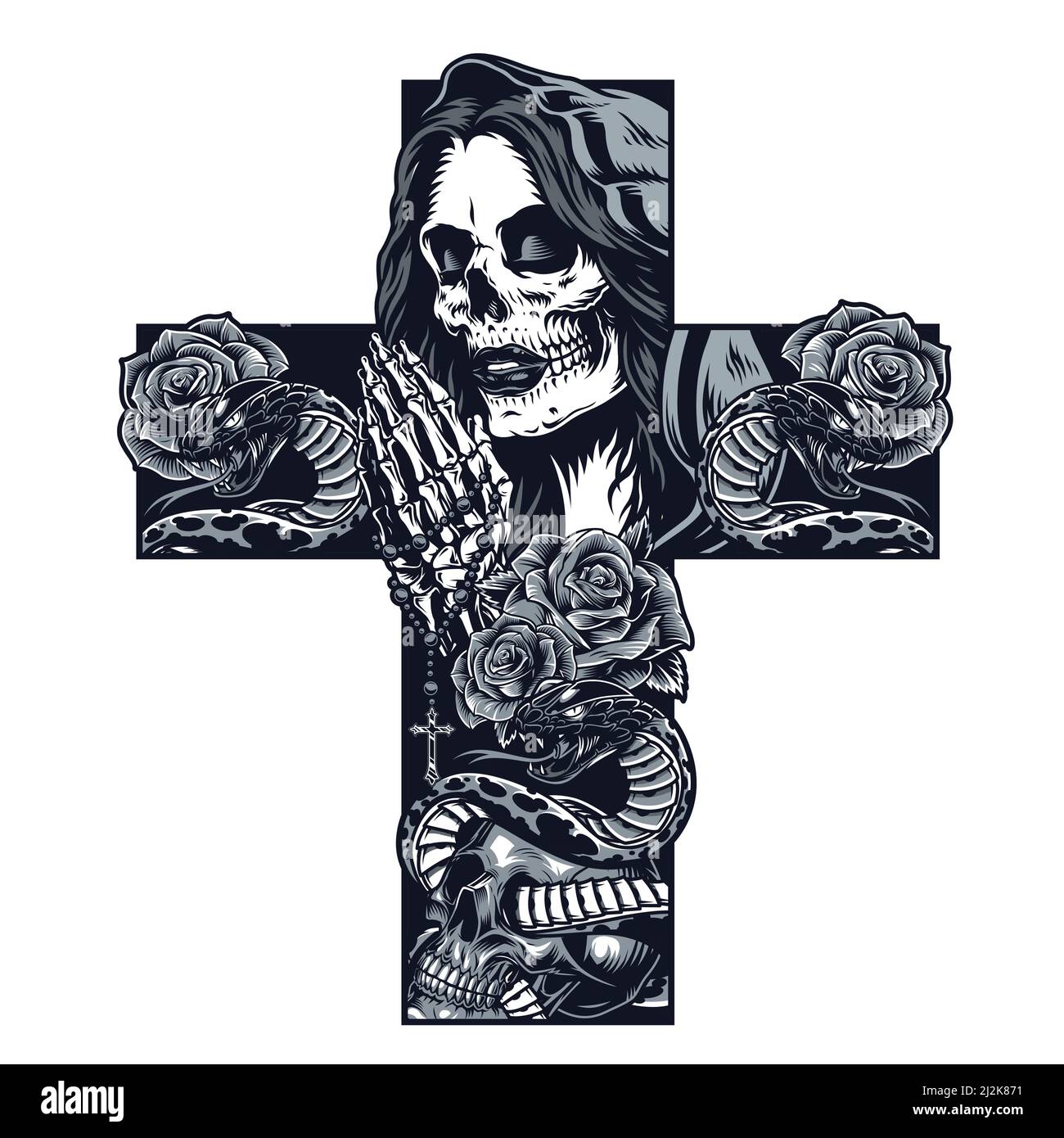 Vintage chicano Croix en forme de tatouage concept avec des mains de squelette de prière tenant rosaire roses fleurs serpent entreminé avec le crâne et la femme face avec mort Illustration de Vecteur