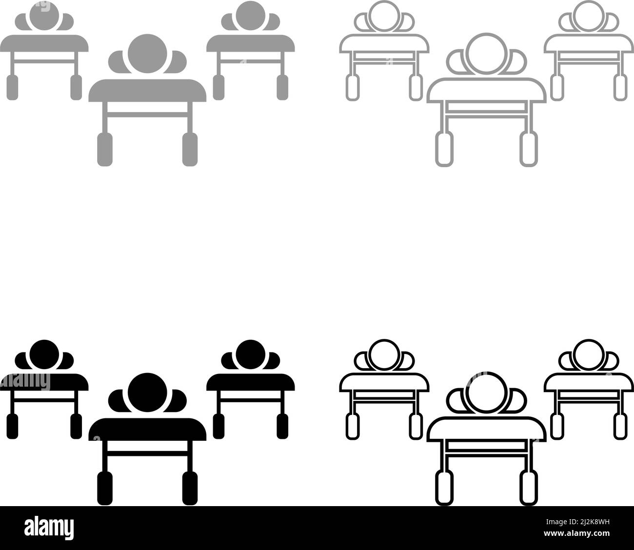 Patients sur les canapés est couché hôpital pandémie concept clinique épidémique ensemble icône gris noir couleur vecteur image simple remplir le contour Illustration de Vecteur