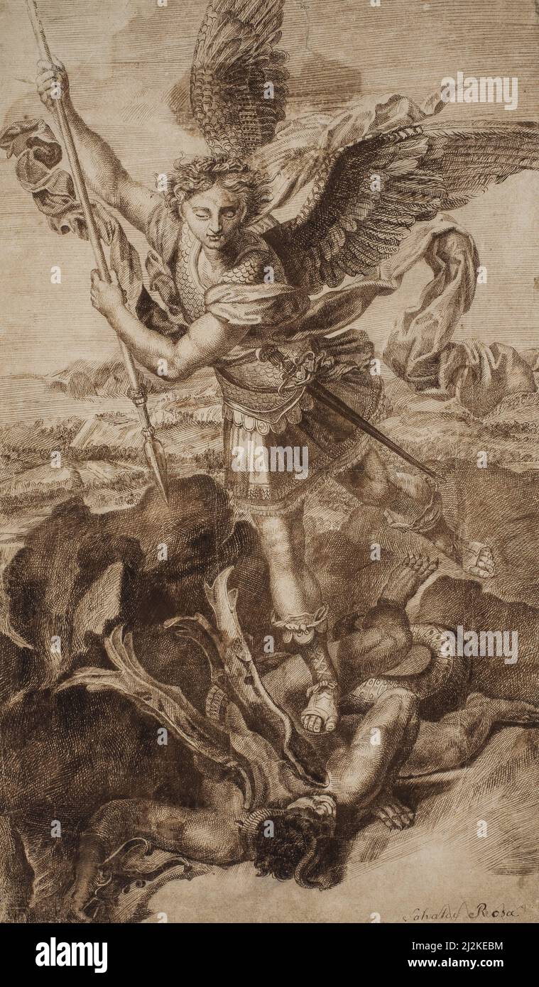 Art antique de l'artiste italien Raphaël - St Michael (1500s). Art de la haute Renaissance par Raffaello Sanzio da Urbino 1483 - 1520. Banque D'Images