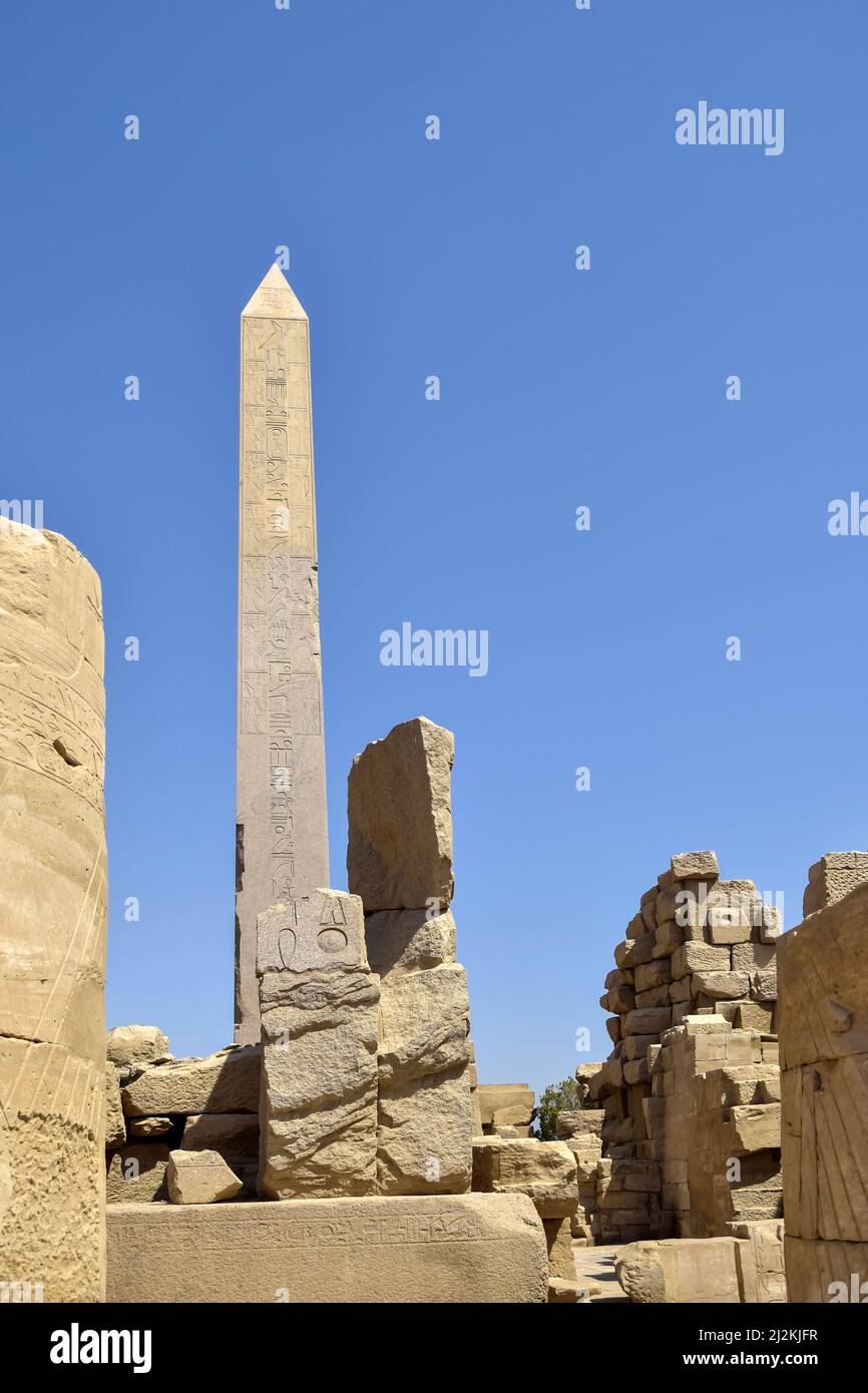 Ruines du temple de Karnak avec des statues, des sculptures et des piliers sculptés avec des hiéroglyphes et des symboles égyptiens anciens (Thébes antiques). Luxor, Egyp Banque D'Images