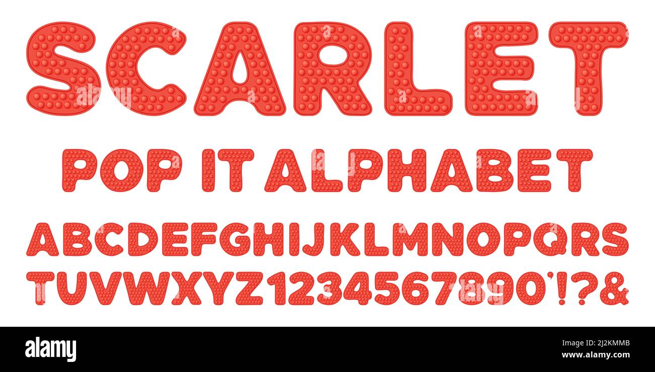 L'alphabet et les chiffres popit rouge écarlate sont de style jouet pour violon. La police pop-it est un jouet en silicone tendance pour les violoneux aux couleurs vives. Bulle sensorielle Illustration de Vecteur
