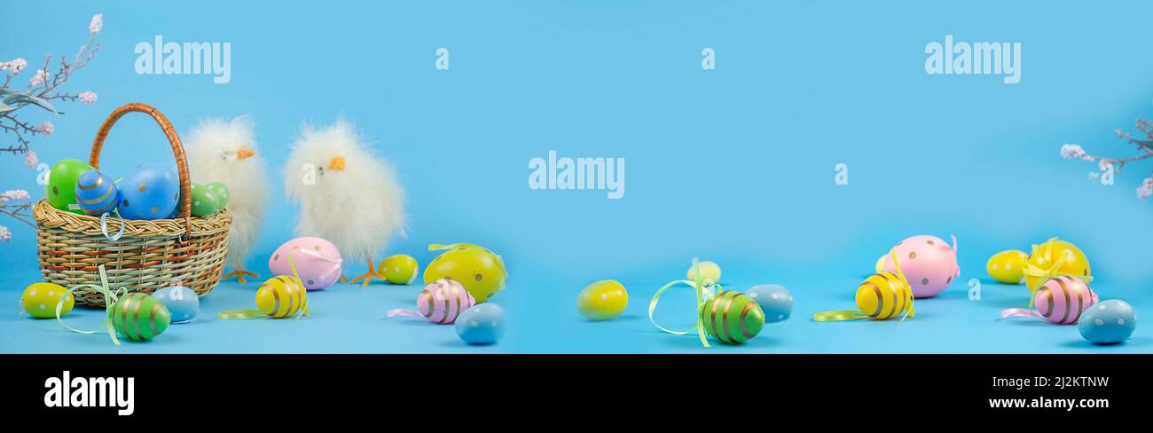 Poulets de Pâques. Arrière-plan de Pâques. Bonne carte de Pâques. Œufs multicolores. Poulets de Pâques sur fond bleu. Bannière. Espace de copie Banque D'Images