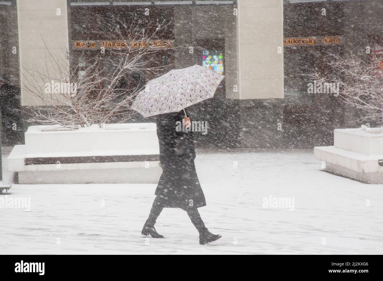 Moscou, Russie. 2nd avril 2022. Une fille avec un parapluie marche dans une rue dans le centre de Moscou pendant une chute de neige. Credit: Nikolay Vinokurov/Alay Live News Banque D'Images
