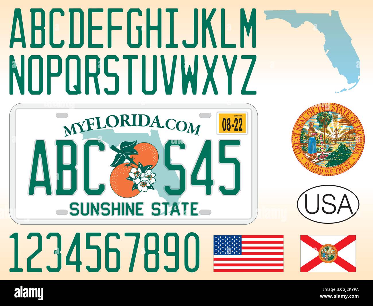 Florida License modèle de plaque de voiture, avec des chiffres, des lettres et des symboles, Etats-Unis d'Amérique, illustration vectorielle Illustration de Vecteur