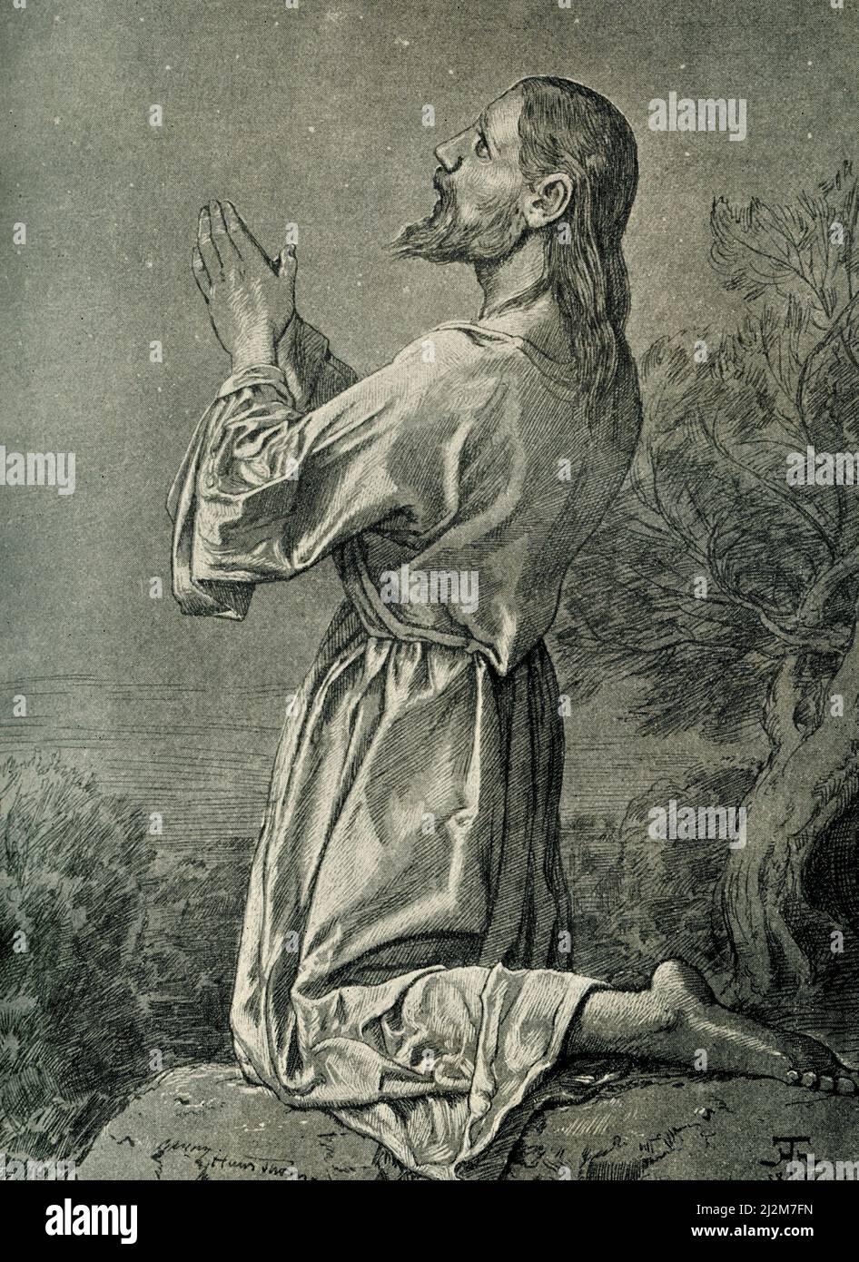 L’inscription allemande pour cette image de 1899 se lit en anglais : « Christ en Gethsemane par Hans Thoma, après l’original de 1894 ». L'agonie dans le jardin de Gethsemane était un épisode dans la vie de Jésus, le nom de l'homme qui, selon les chrétiens, était le fils de Dieu, et dont les enseignements sont la base du christianisme Qui apparaît dans les quatre Evangiles canoniques, entre le discours d'adieu à la fin de la Cène et l'arrestation de Jésus. Banque D'Images