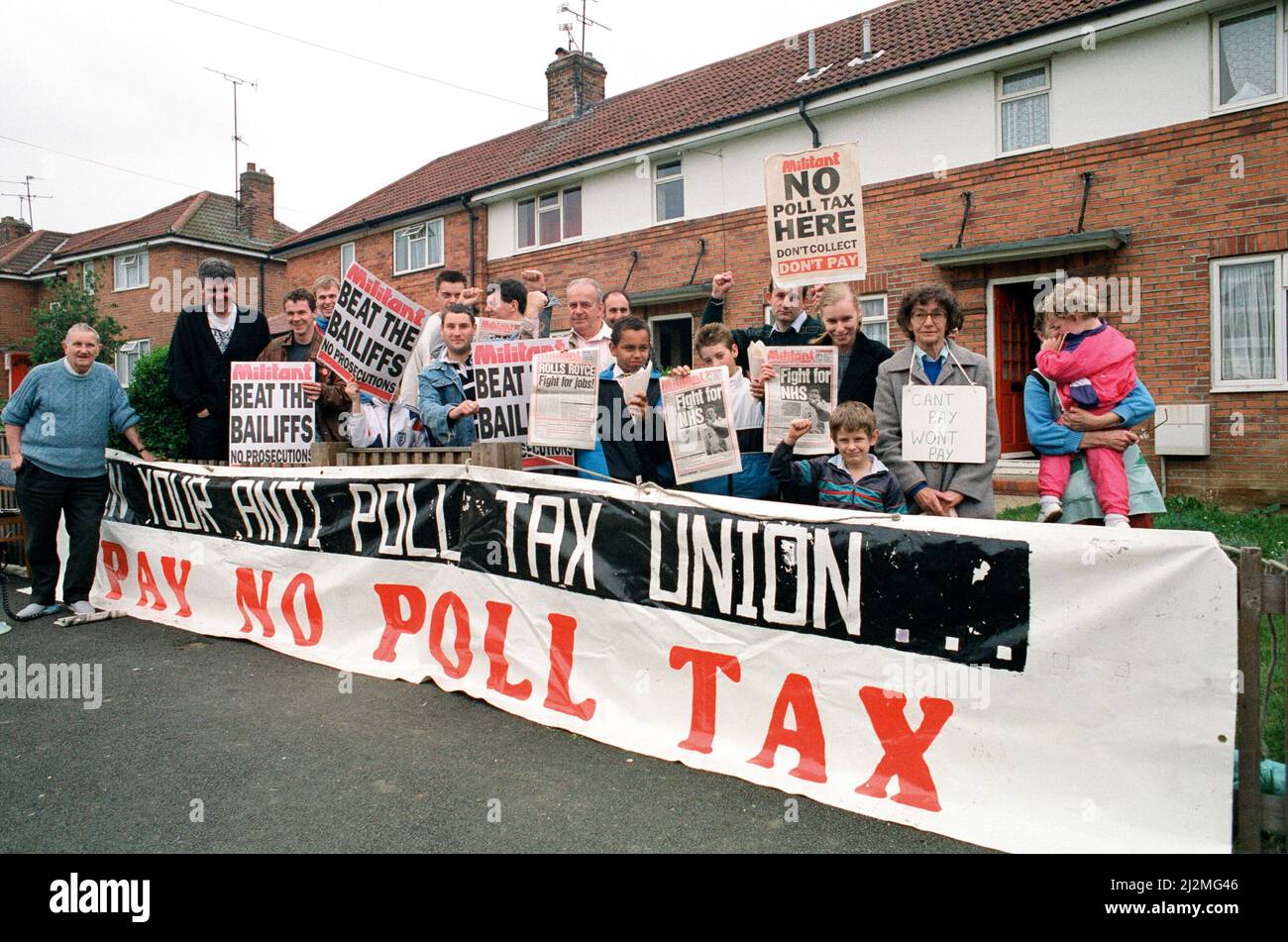 Ne payez pas de protestation fiscale dans Dawlish Road, Whitley, Reading, Berkshire. 20th mai 1991. Banque D'Images