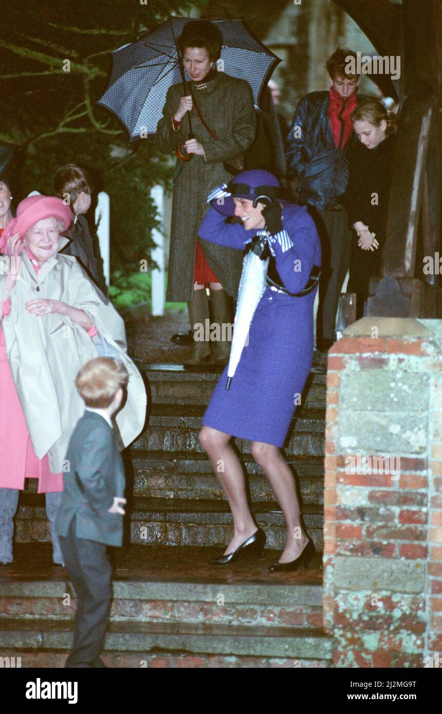 HRH la princesse de Galles, la princesse Diana, à Sandringham pour le service traditionnel de l'église et la réunion de famille royale, un jour de Noël très venteux 1990. Photo prise le 25th décembre 1990 Banque D'Images