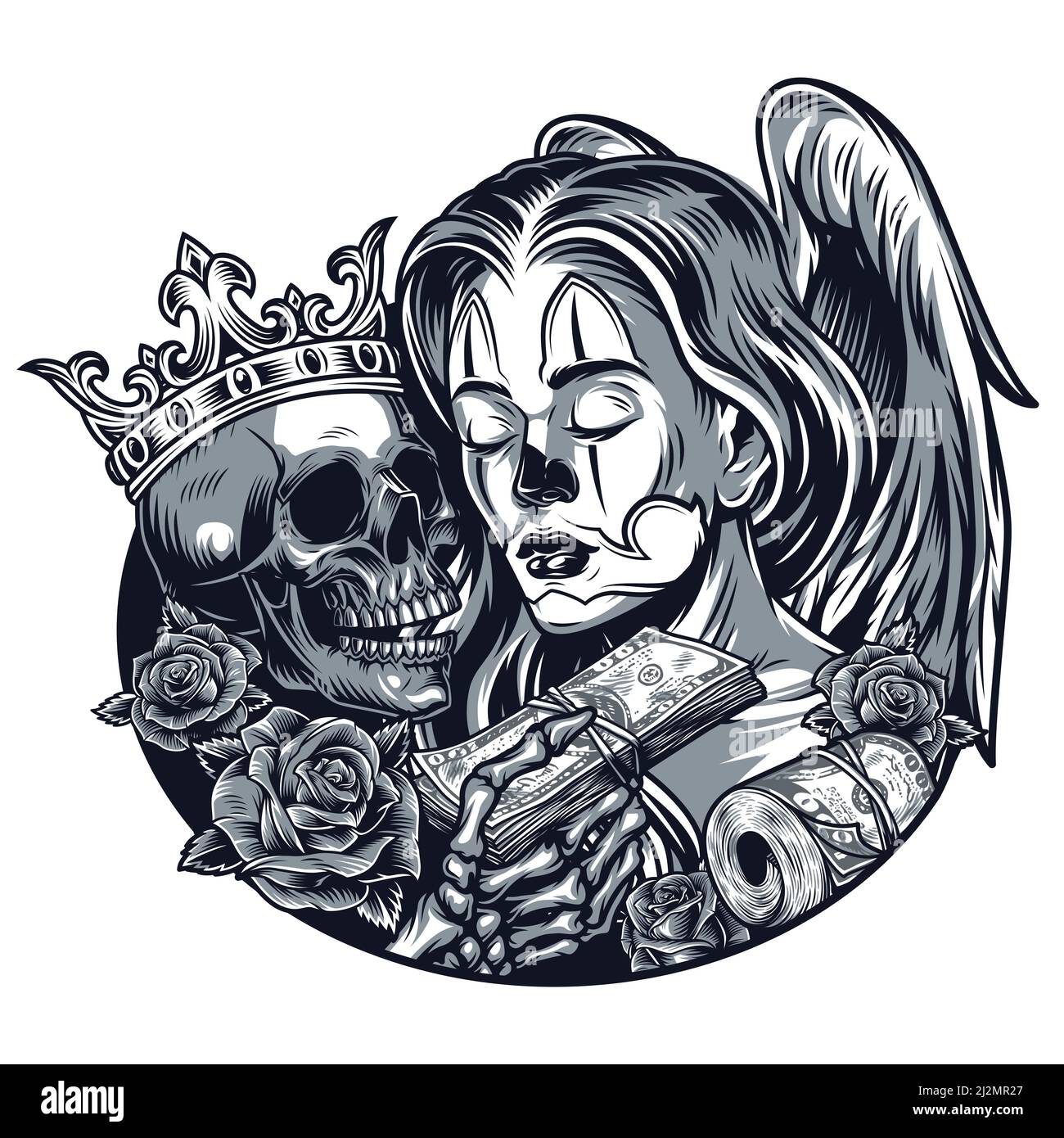 Vintage chicano tattoo modèle avec belle fille ange ailes crâne dans la couronne roses squelette main tenant argent pack vecteur isolé illustration Illustration de Vecteur