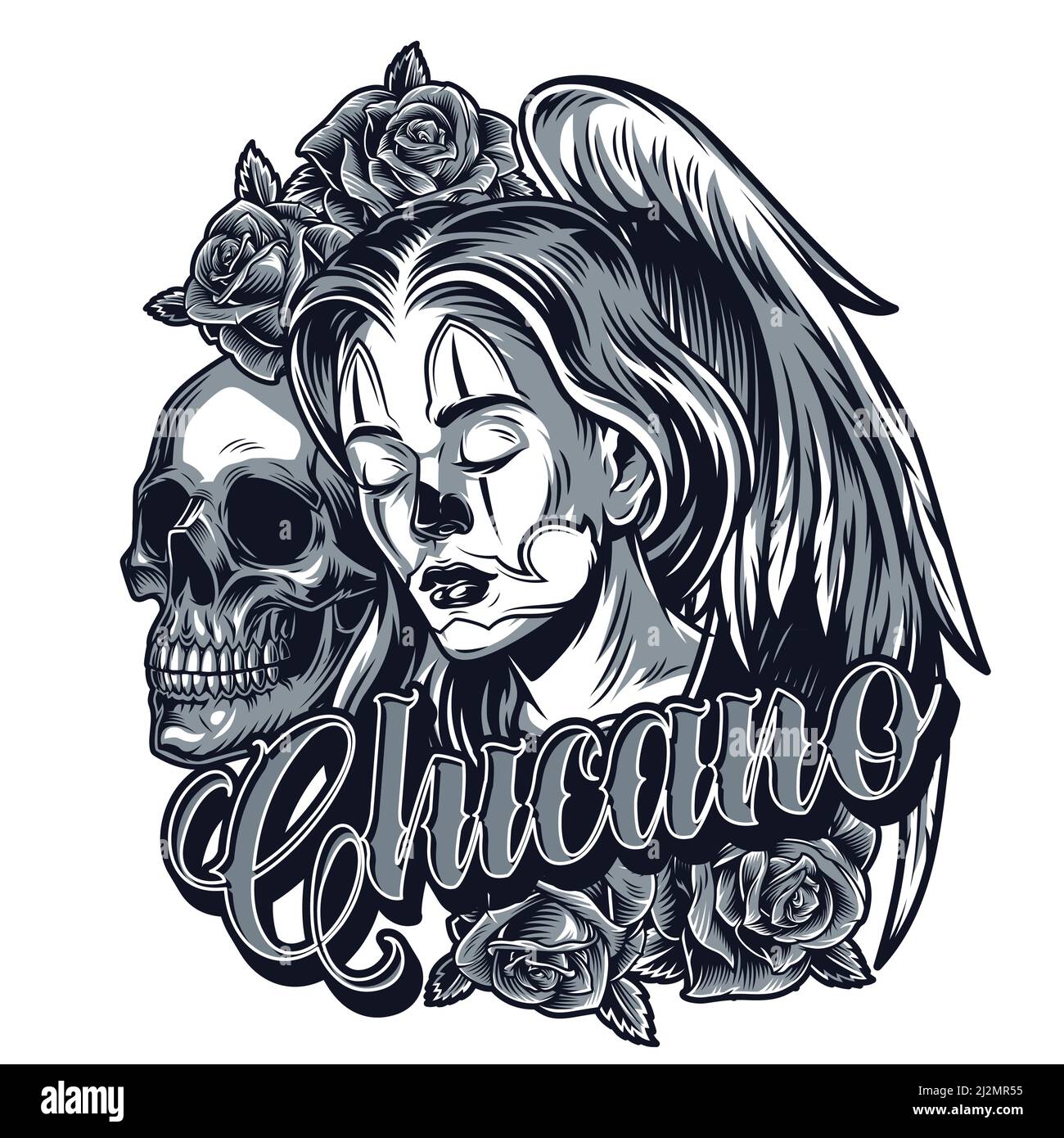Vintage monochrome chicano tatouage concept avec de jolies ailes d'ange de fille crâne et belles roses illustration de vecteur isolé Illustration de Vecteur