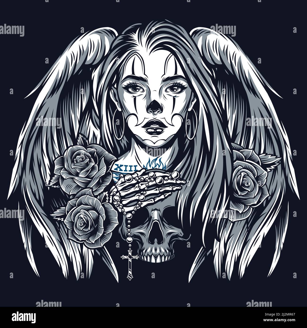 Chicano tatouage vintage concept avec belle fille avec ailes d'ange roses squelette main couché sur le crâne dans le style monochrome isolé illustrateur de vecteur Illustration de Vecteur