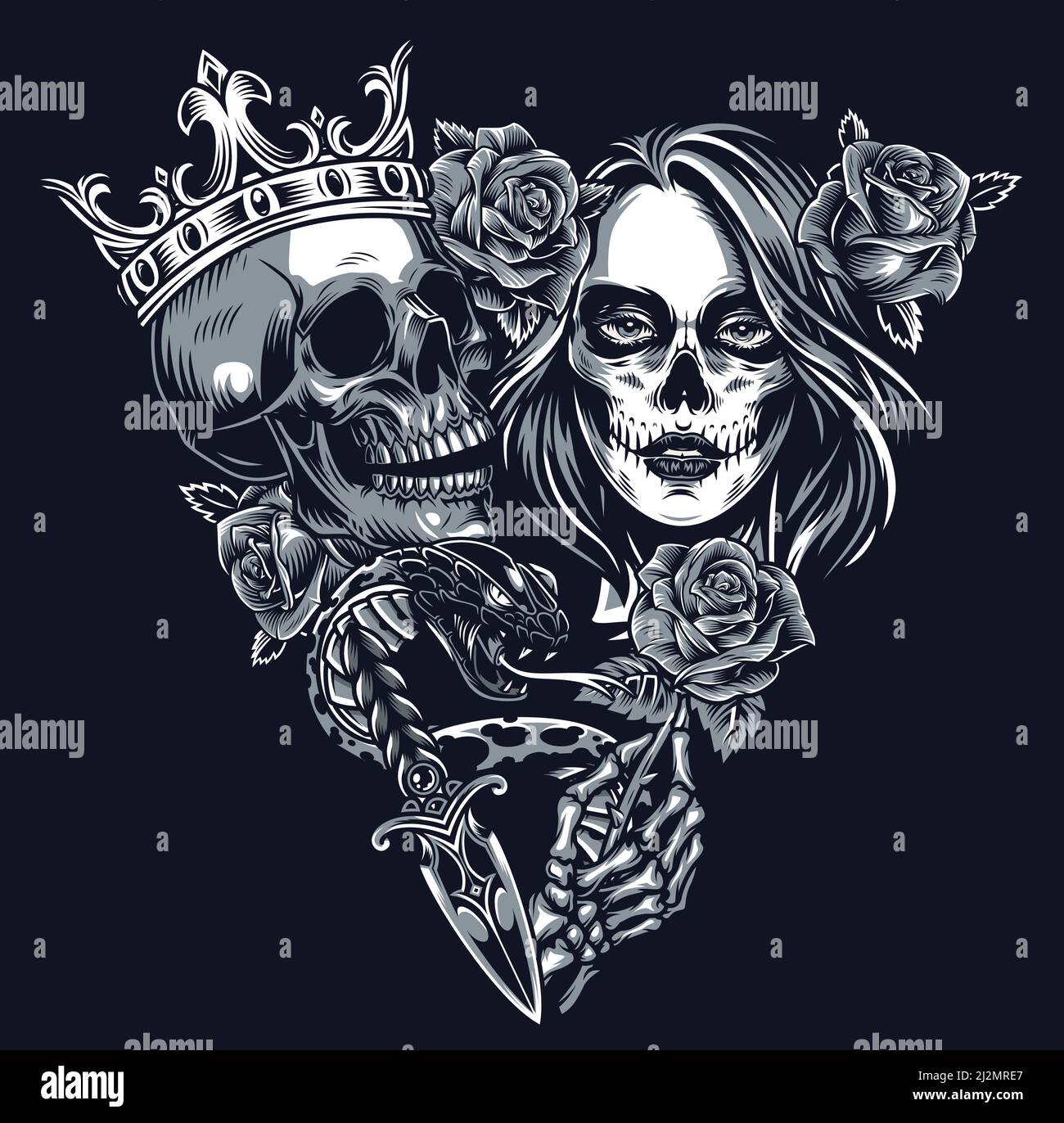 Vintage chicano tatouage concept en forme de triangle avec crâne dedans couronne serpent dagger squelette main tenant la tête de rose et de fille avec maquillage de crâne de sucre iso Illustration de Vecteur